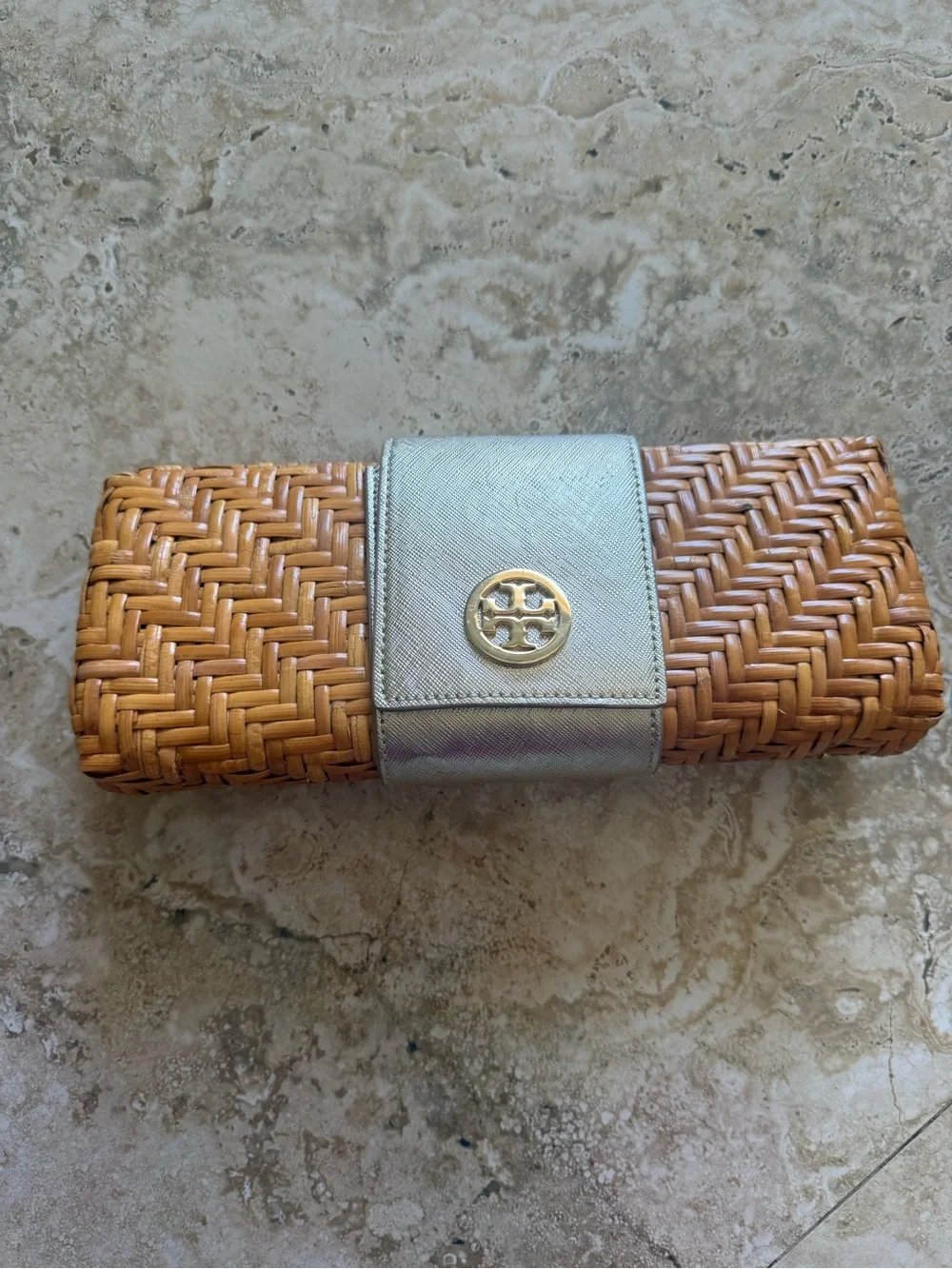 Tory Burch Yellow Woven Straw Clutch with Gold-Tone Tab